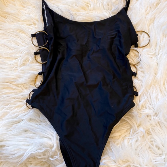 Nasty Gal Black One Piece W/ Gold Metal Hoops / S - Picture 2 of 10